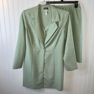 Vintage Helen Blake Long Jacket Skirt Suit Women Size 10 Green Vest Inset Office